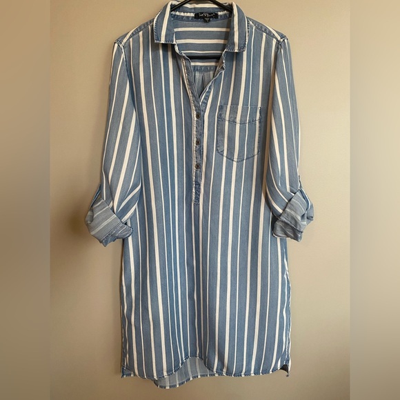 Velvet Heart chambray tunic shirt dress striped pattern adjustable long sleeves - Picture 7 of 11